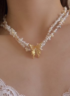 双层异型珍珠串珠镶钻蝴蝶女项链