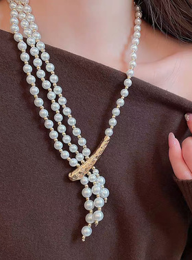 中古多层珍珠串珠不对称项链女款