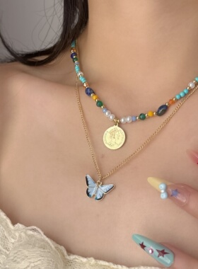 双层蝴蝶吊坠彩色串珠项链锁骨链