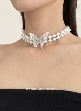 超仙镶钻金属蝴蝶珍珠双层项链女