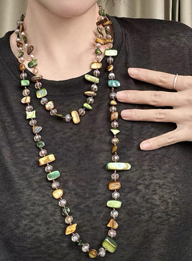 不规则彩贝壳水晶双层叠戴项链女