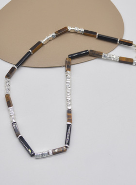 金属竹节拼接女虎眼石串珠项链