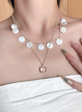白色贝壳圆片流苏圆球吊坠项链女