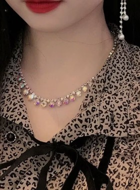 法式复古镶钻幻彩水晶锁骨链女款