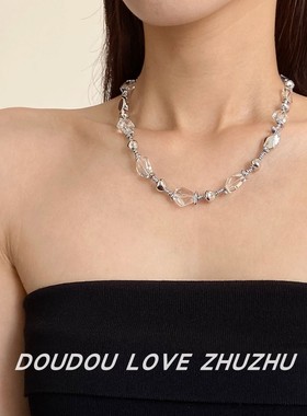 不规则透明水晶金属球拼接项链女