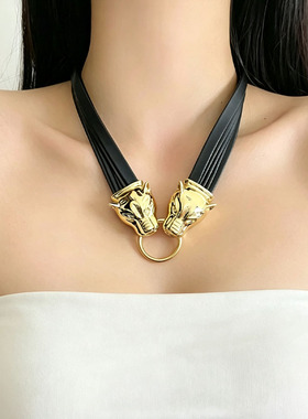 黑色多层宽版皮革豹子头项链女款