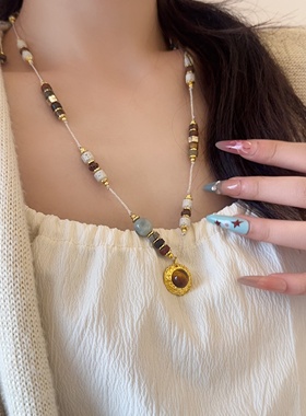 复古轻奢彩石串珠虎眼石吊坠项链