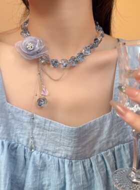 蓝色布艺花朵水晶玫瑰串珠项链女
