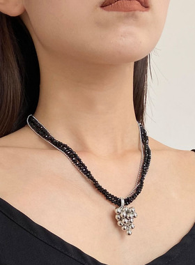 圆珠葡萄串吊坠黑水晶多层项链