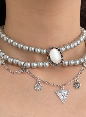 灰珍珠叠戴钱币流苏choker项链女