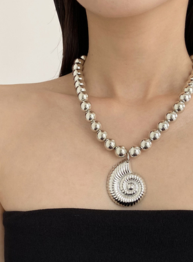 金属银大海螺CCB金属圆球项链