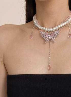 粉色镶钻水晶蝴蝶珍珠双层项链女
