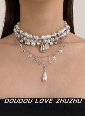 不规则多层珍珠水晶星星叠戴项链