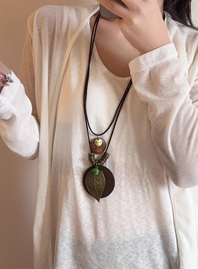 新中式皮绳镂空木片树叶吊坠项链