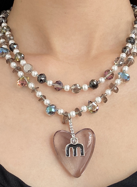不规则水晶串珠镶钻字母爱心项链