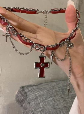 暗黑风血红色滴釉十字架项链颈链