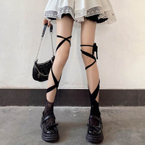 Strap Socks Summer Thin lace hollowed out half cut cross calf socks over kneecap black silk stockings