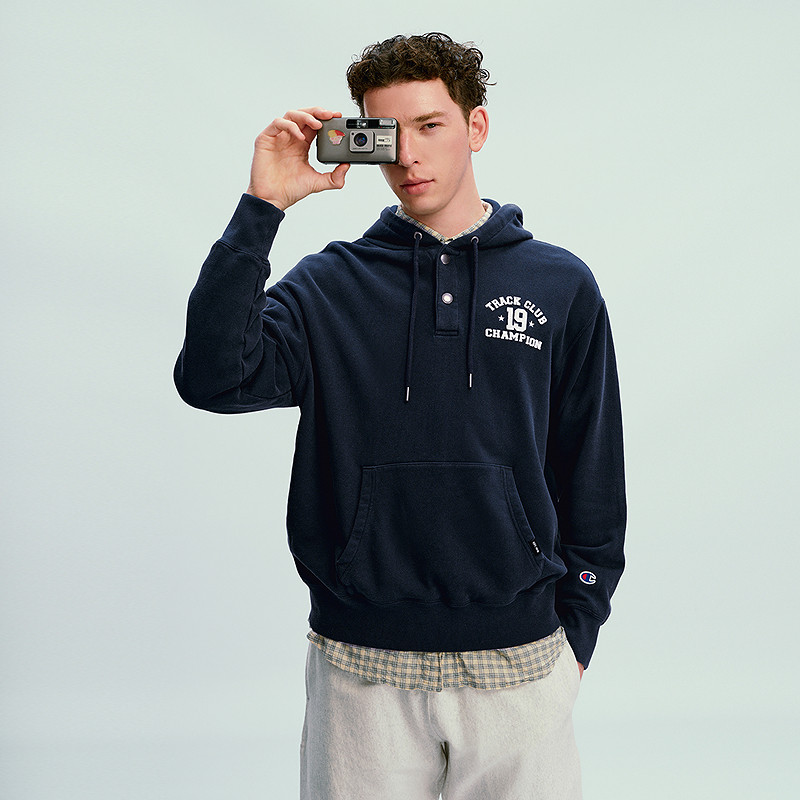 Champion冠军套头连帽卫衣男2026春季新款按扣领休闲复古校园潮女