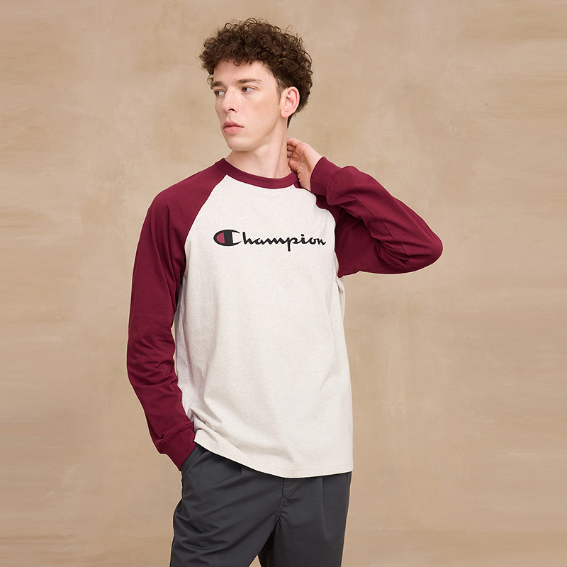 Champion冠军长袖T恤男25冬季新款打底衫插肩袖圆领休闲女复古红,淘宝优惠券,粉丝福利购,淘宝优惠卷