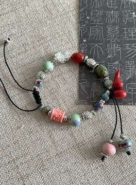 串珠手链新款小众设计彩色陶瓷石头新中式蝴蝶个性潮手串线绳手饰