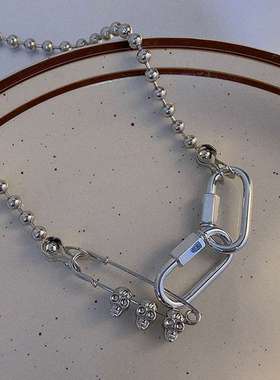 新款项饰简约骷髅别针锁扣项链百搭朋克环扣别针圆珠项链潮