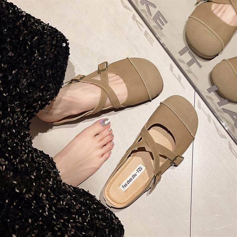 2024年春夏季包头一字扣带交叉款圆头拖鞋舒适百搭简约时尚拖鞋,淘宝优惠券,粉丝福利购,淘宝优惠卷