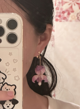 鸢尾系列 原创设计仙女气质鸢尾花朵长款不对称耳夹无耳洞 绒花
