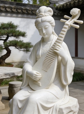 汉白玉古典弹琵琶人物雕塑定制户外景区公园景观石雕塑像定制厂家