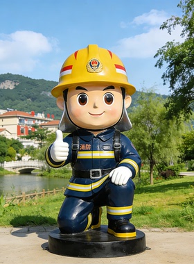 玻璃钢卡通消防员落地摆件定制户外公园景观彩绘人物雕塑定制厂家