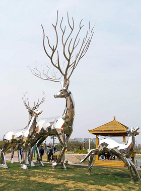 不锈钢镂空小鹿雕塑定制抽象几何鹿草坪装饰金属镂空发光鹿摆件