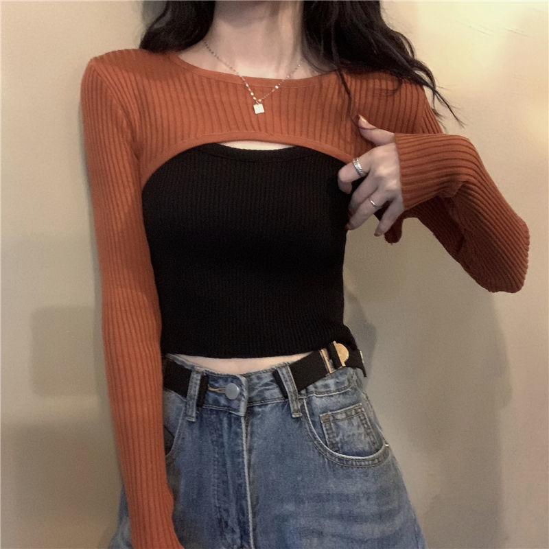 Long Sleeve Pullover Knit Cropped Blouse  套头针织衫短款罩衫 - 图0