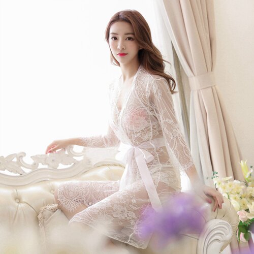 Nighties For Women Sexy Pink Robe 2019 Lace Robes Long Sleev-图1