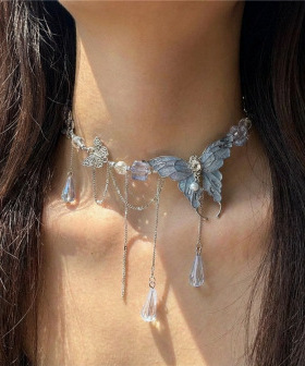 Butterfly pendant necklace, sweet punk-style fringed choker