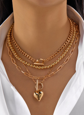 Women's trendy hip-hop heart-shaped collarbone chain跨境项链