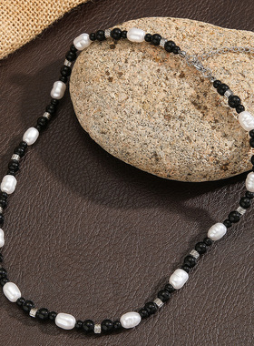 Men's Agate-Impersonal-Pearl Beaded Necklace跨境百搭项链男士