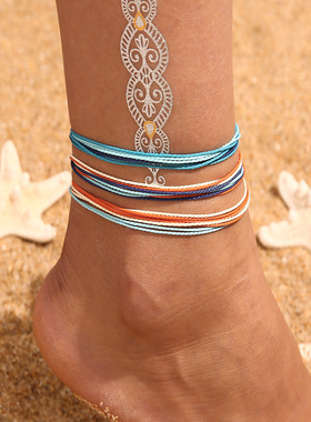 Woven turquoise sunflower handmade rice bead anklet休闲脚链