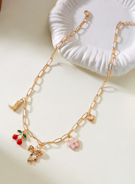 European and American bow cherry pendant necklace跨境女项链