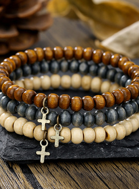 欧美新款复古风木珠叠戴手串男士串珠十字架吊坠手链套装批发
