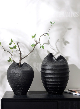 复古侘寂风黑色陶瓷花瓶摆件客厅插花装饰品高级感家居软装艺术瓷