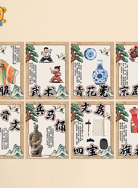 传统文化文房四宝青花瓷展板墙贴