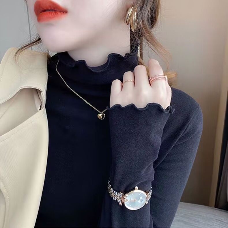 2026秋冬半高领木耳边长袖T恤打底衫女ins超火百搭加绒内搭上衣女,淘宝优惠券,粉丝福利购,淘宝优惠卷