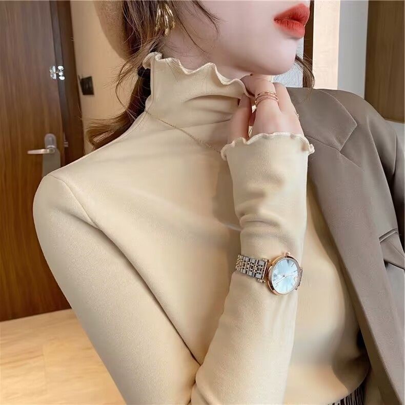 2026秋冬半高领木耳边长袖T恤打底衫女ins超火百搭加绒内搭上衣女,淘宝优惠券,粉丝福利购,淘宝优惠卷