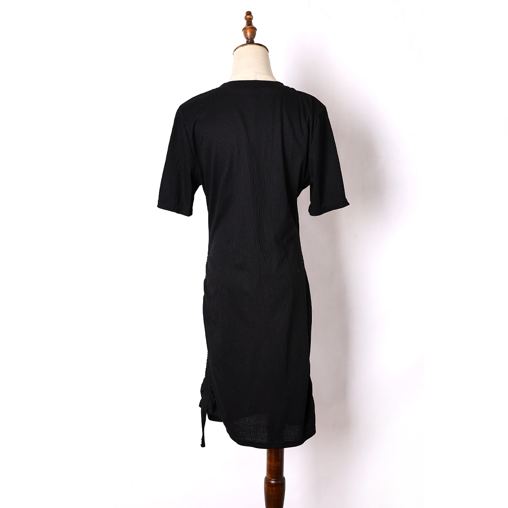 2024年夏季新品女装韩版时尚两侧抽绳设计套头中长款短袖连衣裙潮