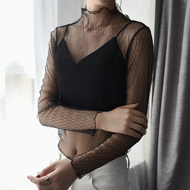 法曼薇旗舰店渔网蕾丝打底衫女长袖秋冬内搭超仙气质上衣网纱打底衫女半高领1