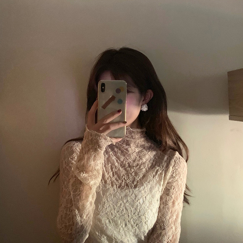 法曼薇旗舰店蕾丝打底衫女网纱内搭秋冬打底长袖半高领薄款洋气超仙上衣透视0
