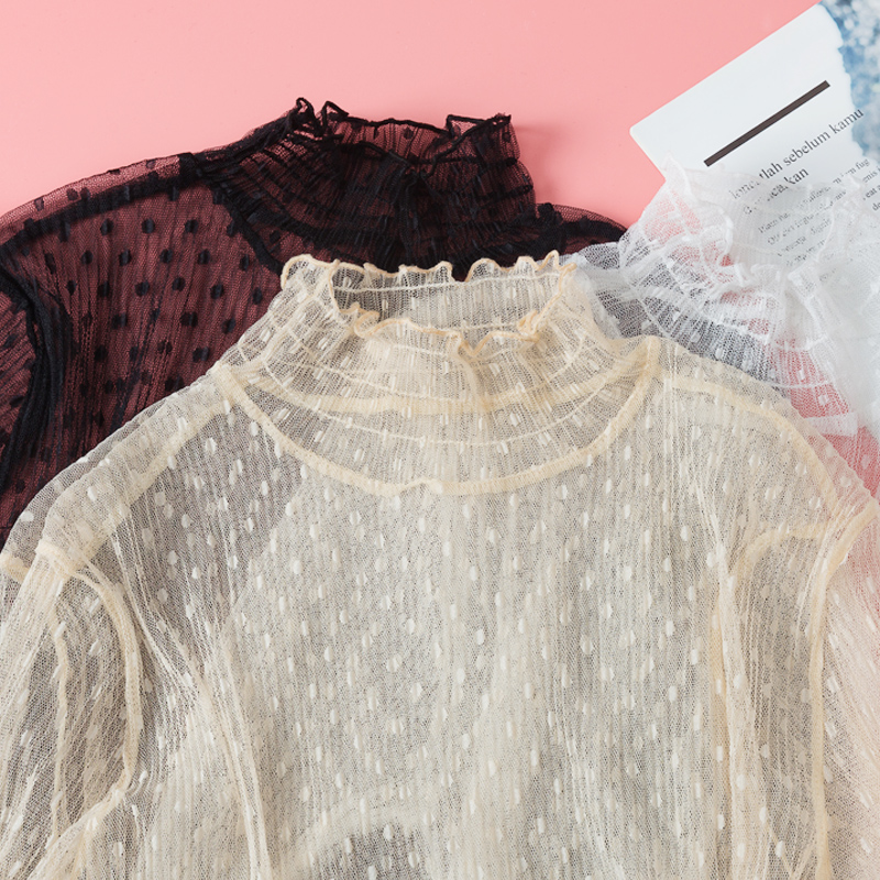 法曼薇旗舰店高领蕾丝打底衫女网纱内搭长袖打底秋冬洋气质雪纺衫荷叶领喇叭袖2