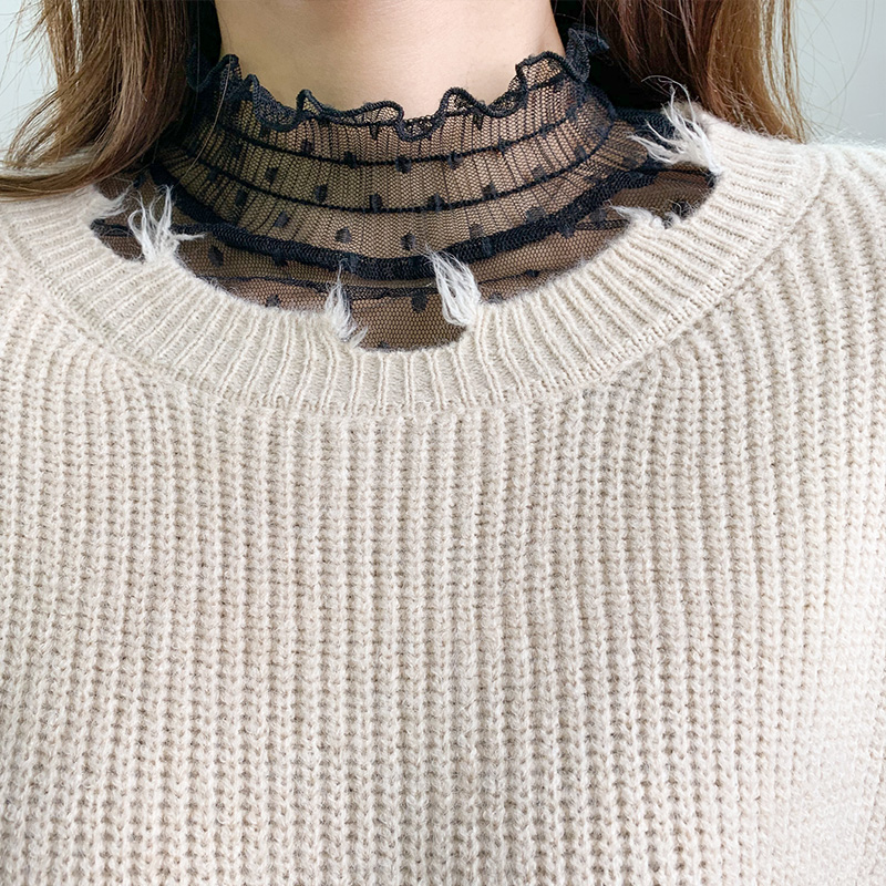 法曼薇旗舰店高领蕾丝打底衫女网纱内搭长袖打底秋冬洋气质雪纺衫荷叶领喇叭袖0