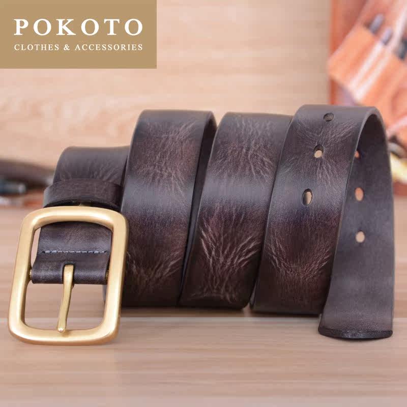 轻奢手工复古铜扣男纯头层牛皮皮带 pokoto腰带/皮带/腰链