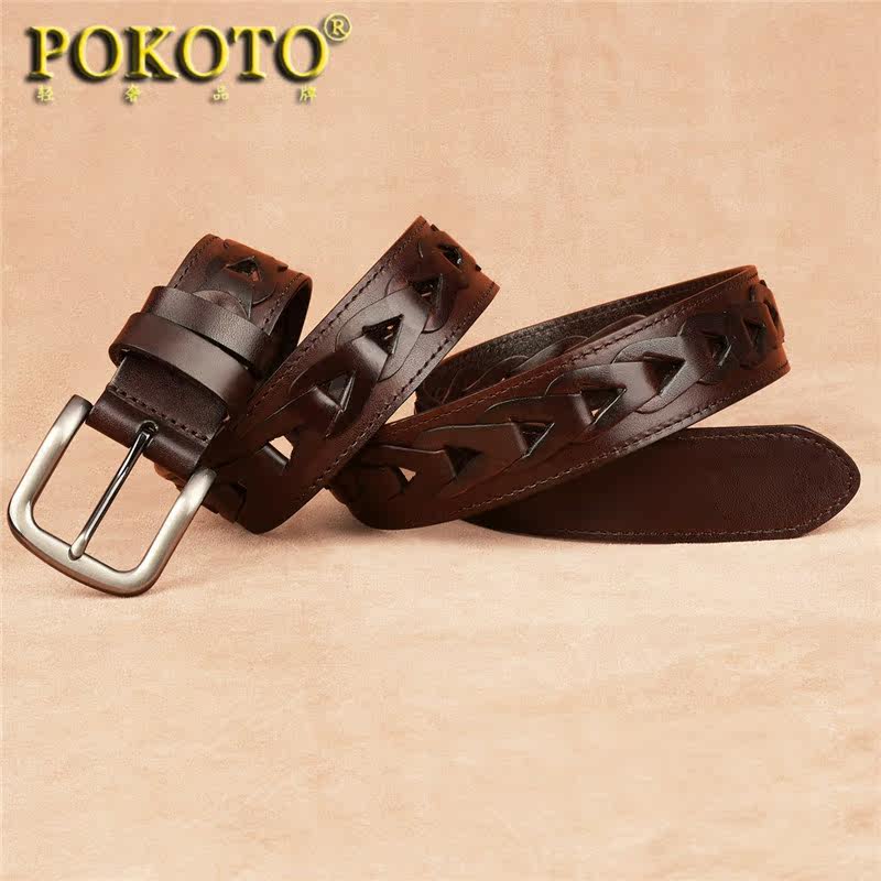 专柜头层纯牛皮编织真皮女休闲皮带 pokoto腰带/皮带/腰链