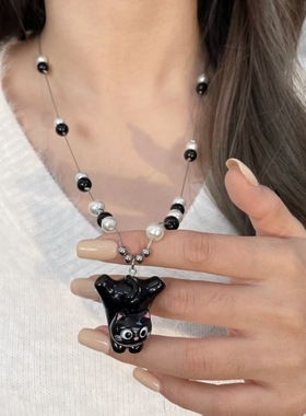 甜酷可爱黑色小猫珍珠项链女款小众设计感抽拉毛衣链百搭挂脖配饰